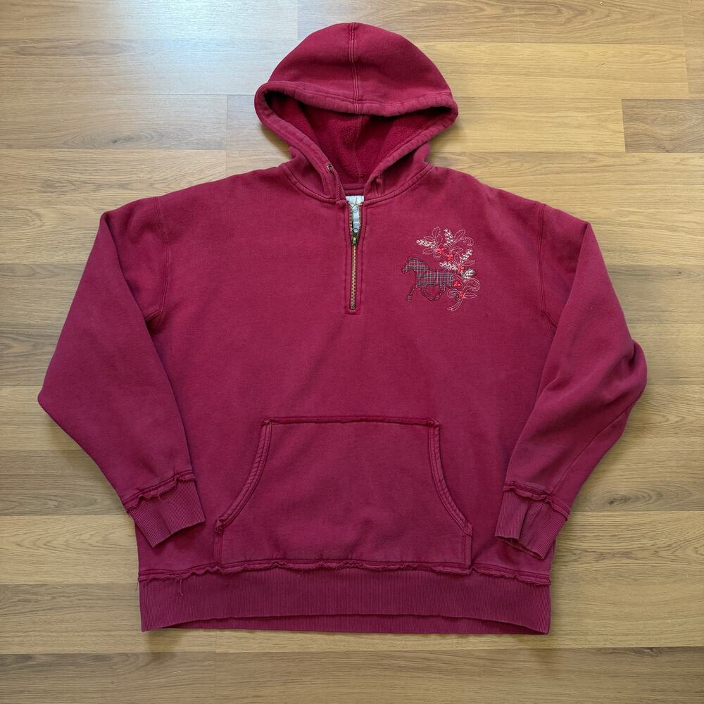 Vintage 2000's Artisans Red Plaid Horse 1/4 Zip Pullover Hoodie Sweatshirt Sz XL